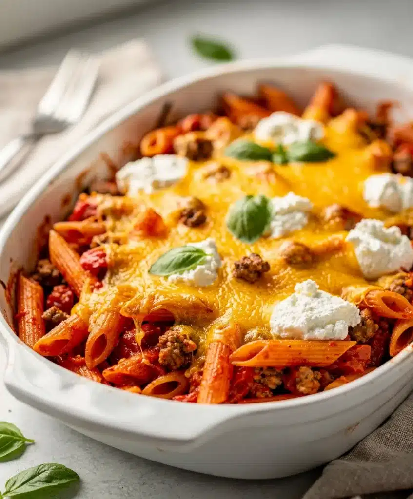 Easy pasta bake recipe with ground beef and melted cheese for family dinners