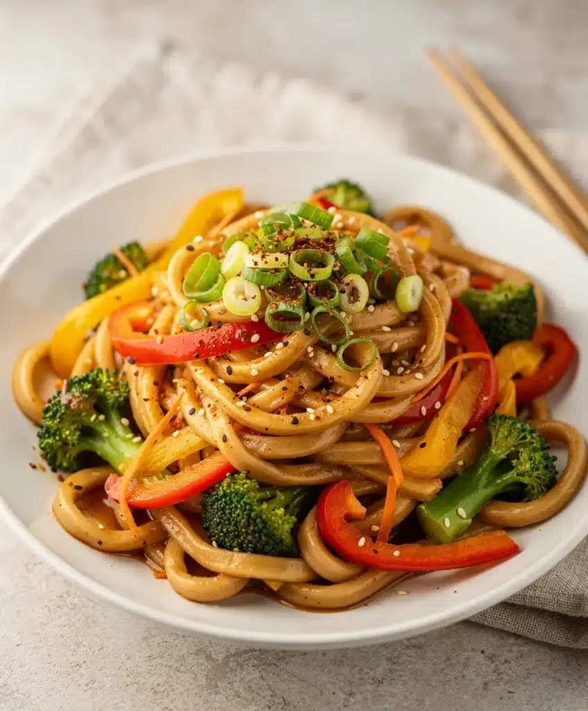 Special Udon Stir Fry recipe with savory sauce and crisp tender vegetables.