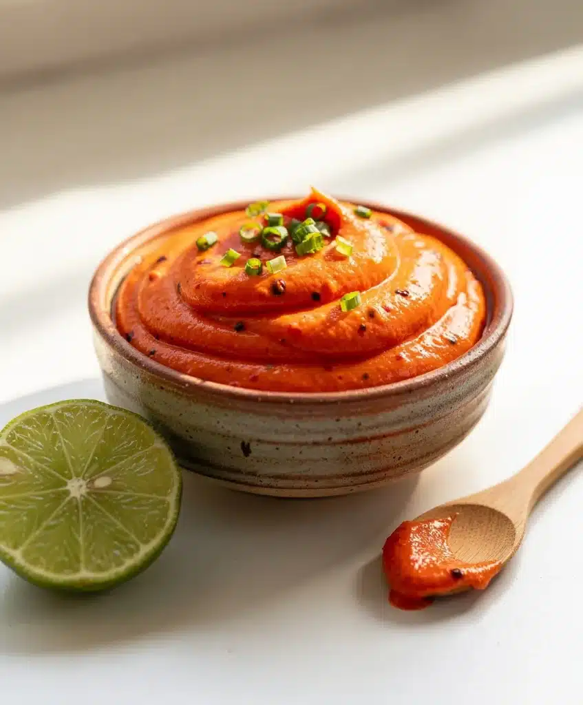 Creamy spicy sriracha mayo recipe in a bright appetizing close up photo