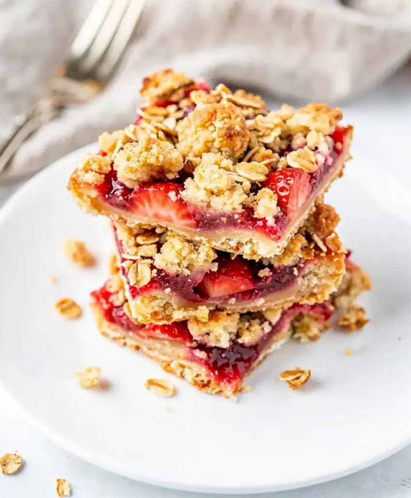 Strawberry crumble bars with a glossy filling and crispy oat topping.