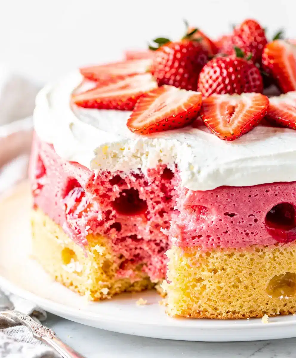 Moist yellow cake with red jello and whipped cream strawberry dessert