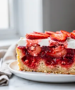 Colorful strawberry jello poke cake with creamy frosting and fresh strawberry garnish.