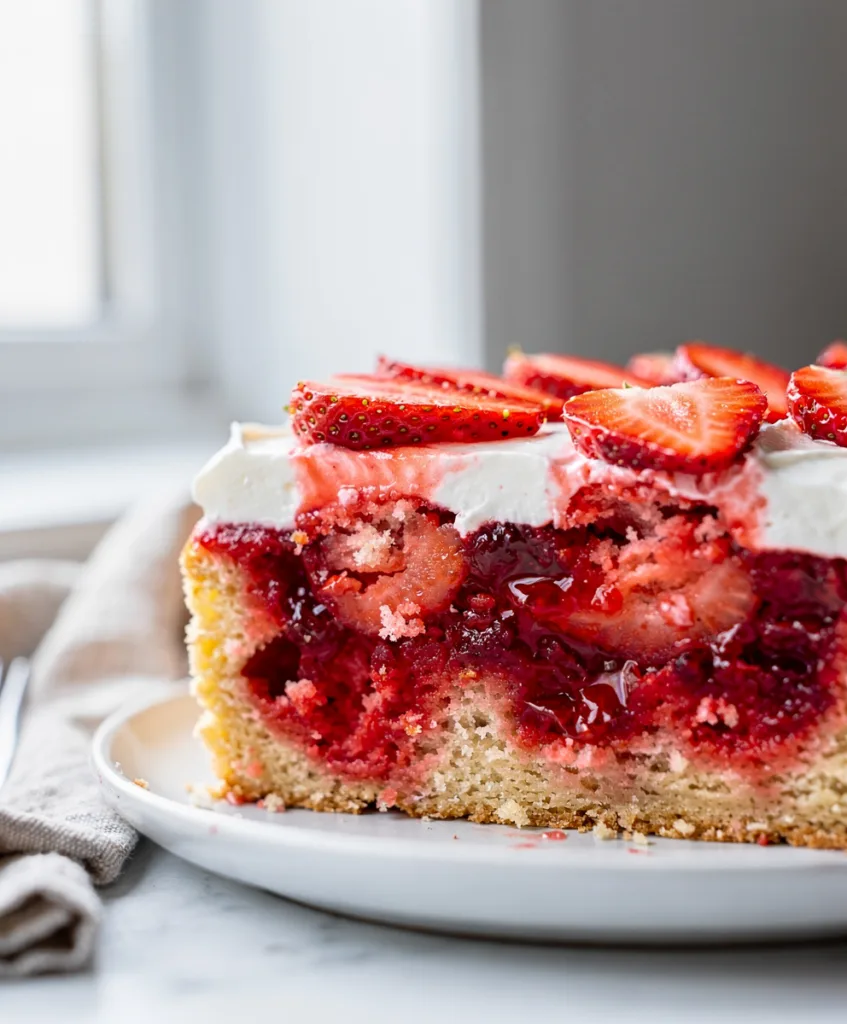 Colorful strawberry jello poke cake with creamy frosting and fresh strawberry garnish.