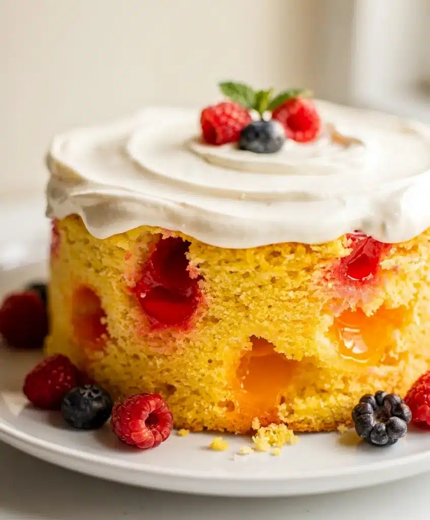 Vibrant seasonal jello poke cake with strawberry gelatin and whipped cream frosting