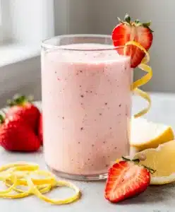 Creamy strawberry lemonade smoothie recipe in a vibrant close up photo