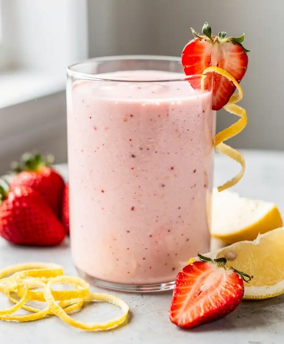 Creamy strawberry lemonade smoothie recipe in a vibrant close up photo