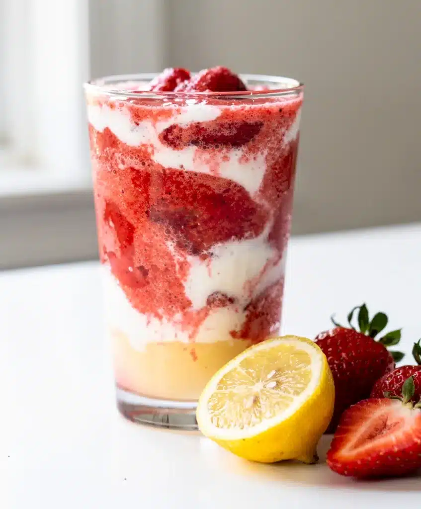 Bright strawberry lemonade smoothie in a tall clear glass with straw
