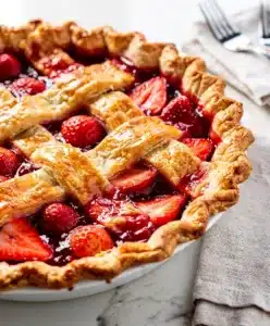 Seasonal strawberry pie with ruby red filling and flaky golden lattice crust