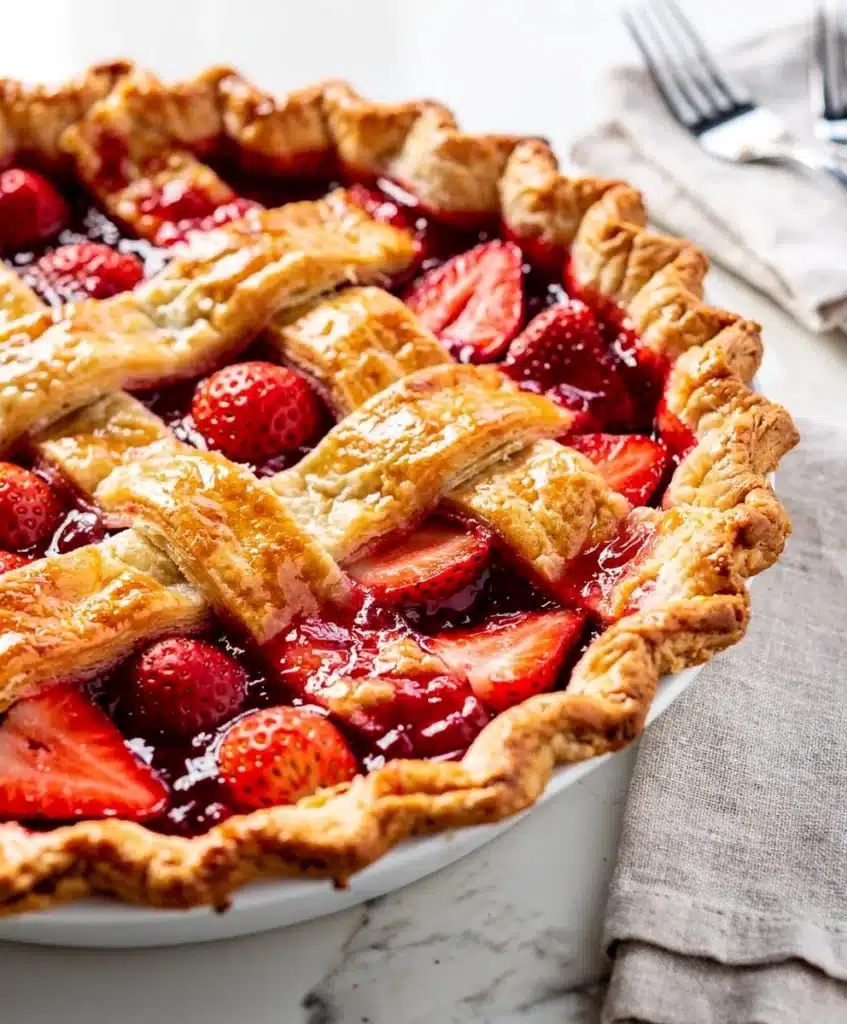 Seasonal strawberry pie with ruby red filling and flaky golden lattice crust