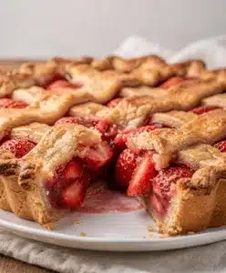 Golden flaky lattice strawberry pie with ruby red filling and whipped cream.