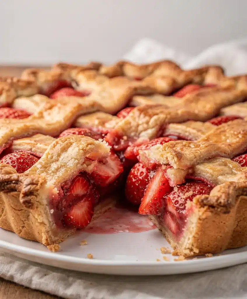 Golden flaky lattice strawberry pie with ruby red filling and whipped cream.