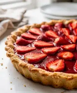 Make ahead strawberry pie slice with glistening red filling and flaky crust.