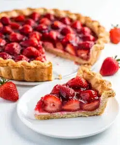 Golden flaky strawberry pie with glossy red filling and whipped cream garnish.