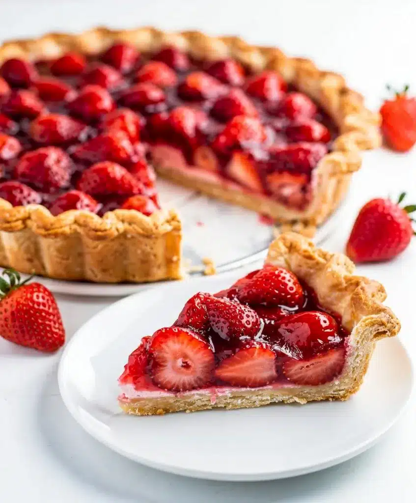 Golden flaky strawberry pie with glossy red filling and whipped cream garnish.