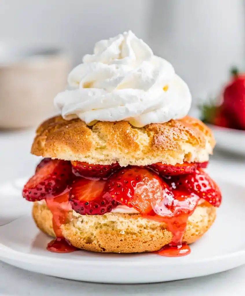 Rustic strawberry shortcake with juicy berries and whipped vanilla cream.
