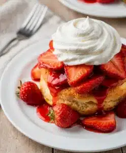 Sweet strawberry shortcake with flaky biscuit, fresh berries, and whipped cream.
