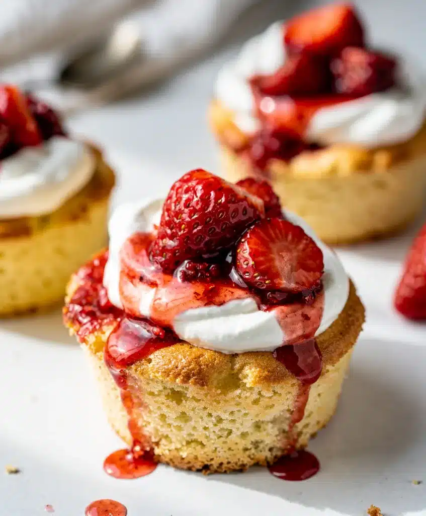 Close up of homemade strawberry shortcake cups with juicy berries and whipped cream