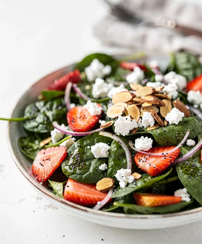 Fresh strawberry spinach salad with feta cheese and almonds in poppy seed dressing.