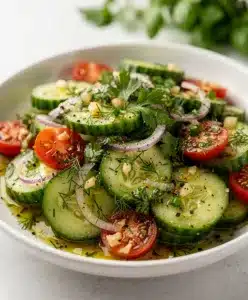 Refreshing summer cucumber salad recipe with vibrant tomatoes and fresh herbs.