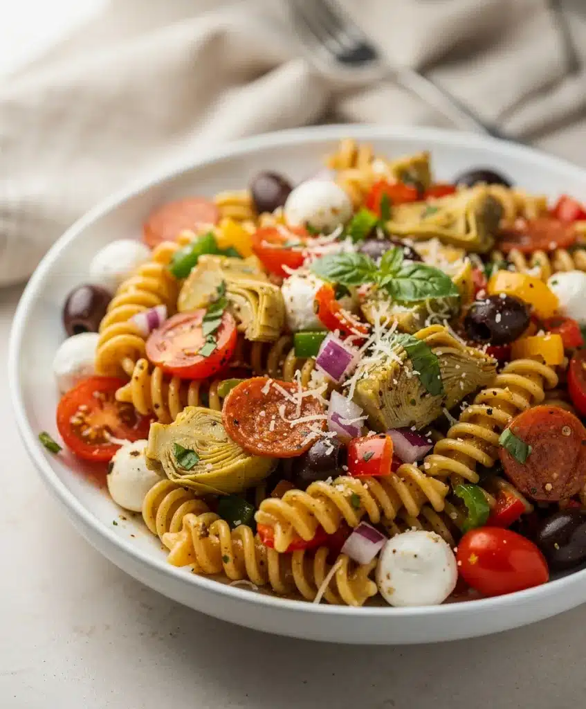 Colorful summer Italian pasta salad with creamy mozzarella and fresh vegetables.