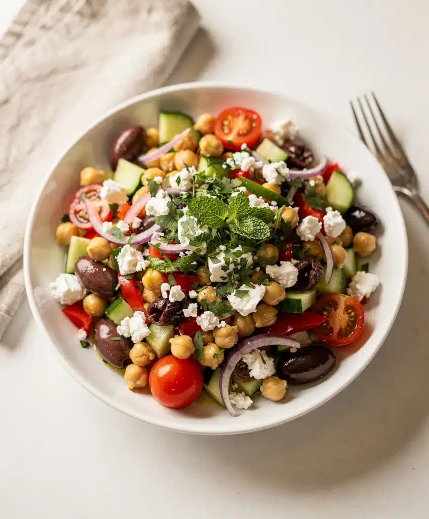 Summer Mediterranean chickpea salad with fresh vegetables, feta, and lemon dressing.