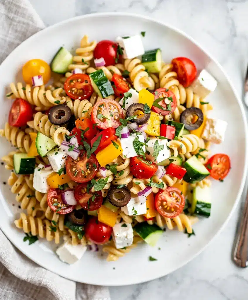 Colorful summer pasta salad with creamy herb dressing and fresh vegetables