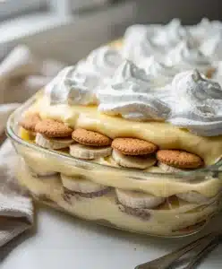 Classic sweet banana pudding recipe in a layered glass trifle bowl