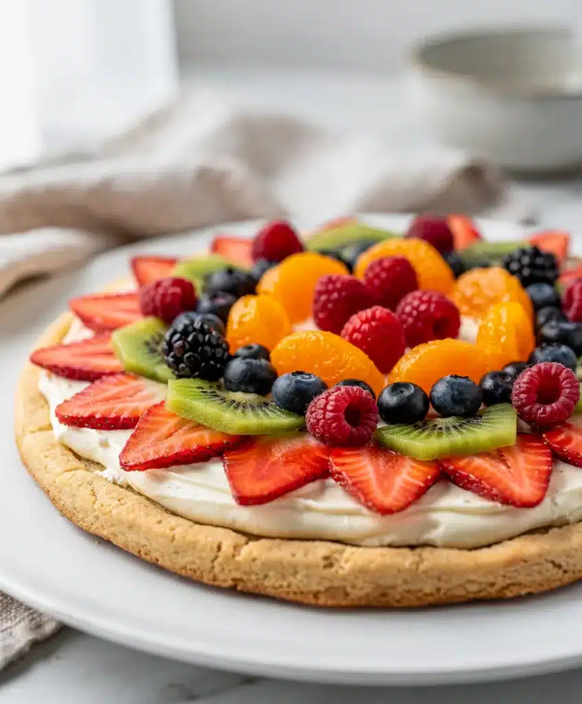 Sweet fruit pizza sugar cookie topped with fresh colorful berries and creamy frosting.