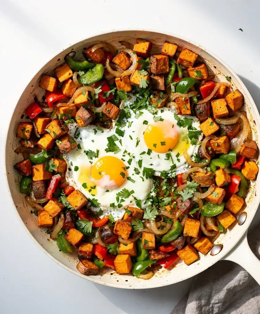 Crispy sweet potato breakfast hash with eggs in a cast iron skillet.
