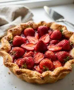 Sweet strawberry pie with glossy berry filling and flaky golden crust.