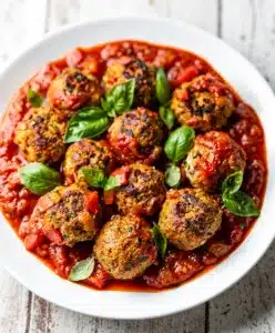 Quick turkey meatball marinara skillet with basil and Parmesan cheese.