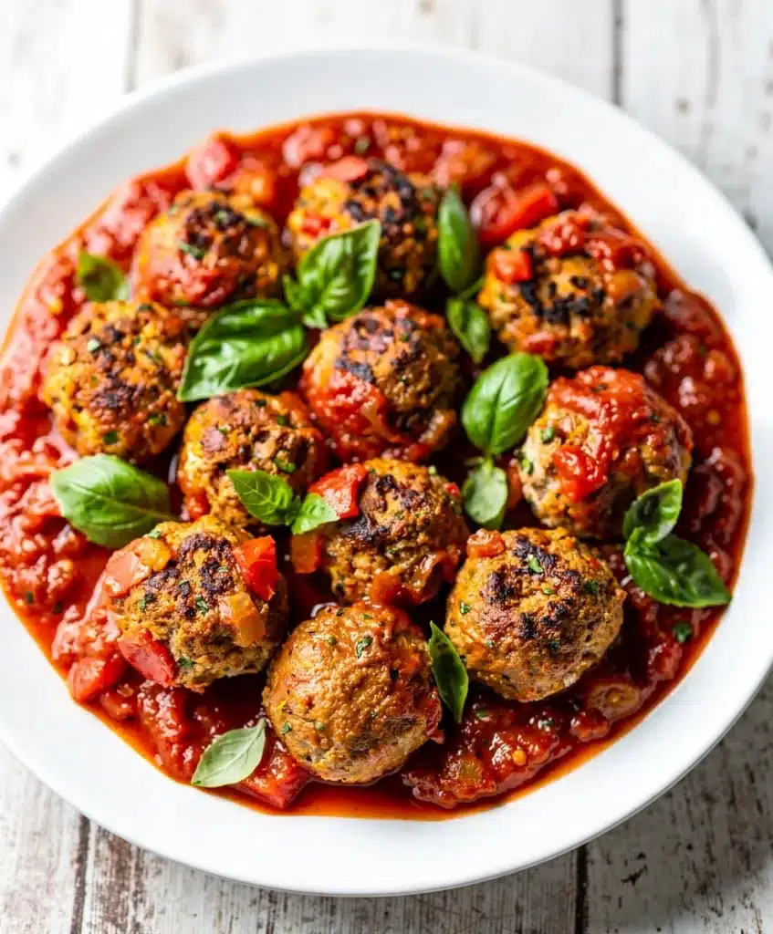 Quick turkey meatball marinara skillet with basil and Parmesan cheese.