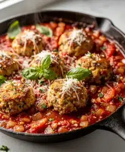Juicy turkey meatballs in rich marinara sauce make cozy family dinner.
