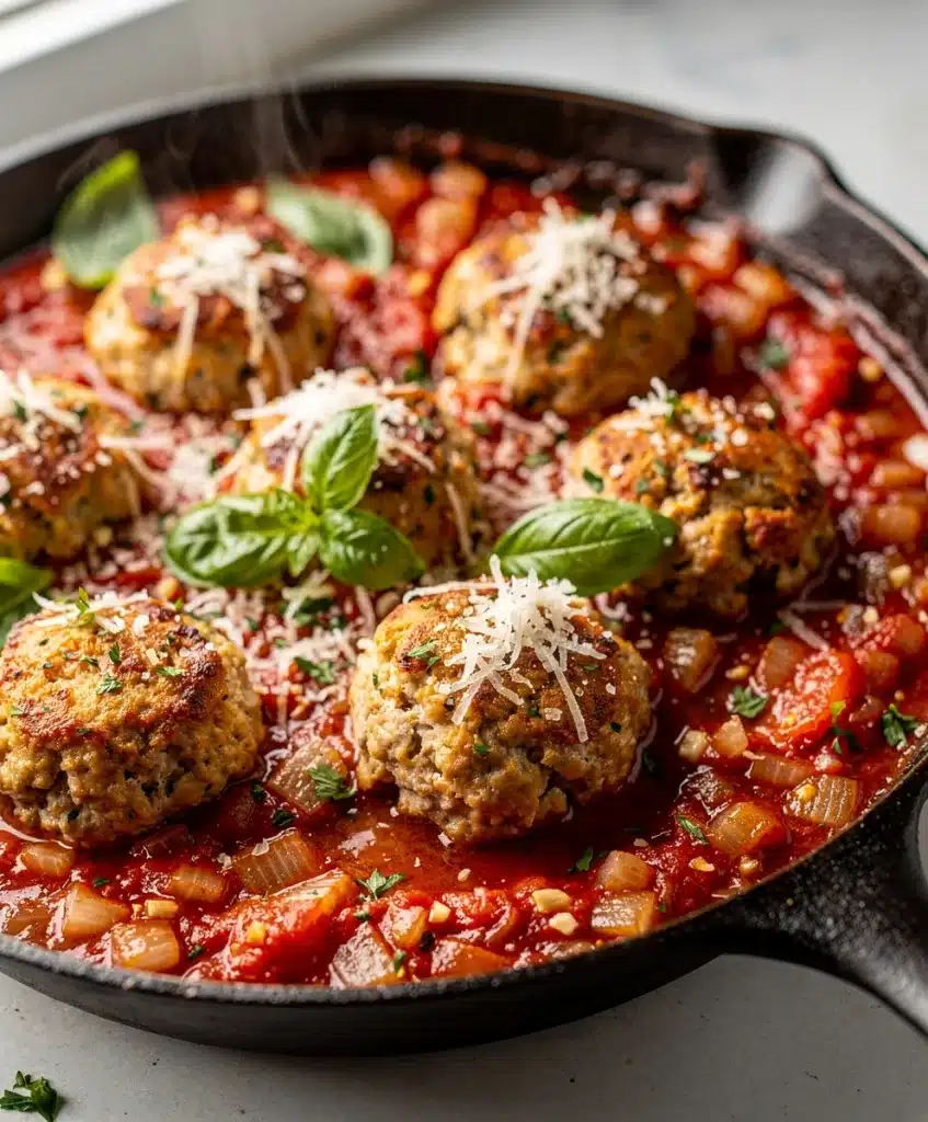 Juicy turkey meatballs in rich marinara sauce make cozy family dinner.