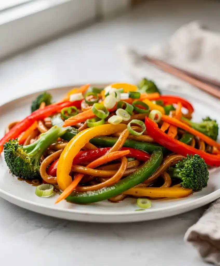 Vibrant fast udon stir fry with vegetables in a ceramic bowl.