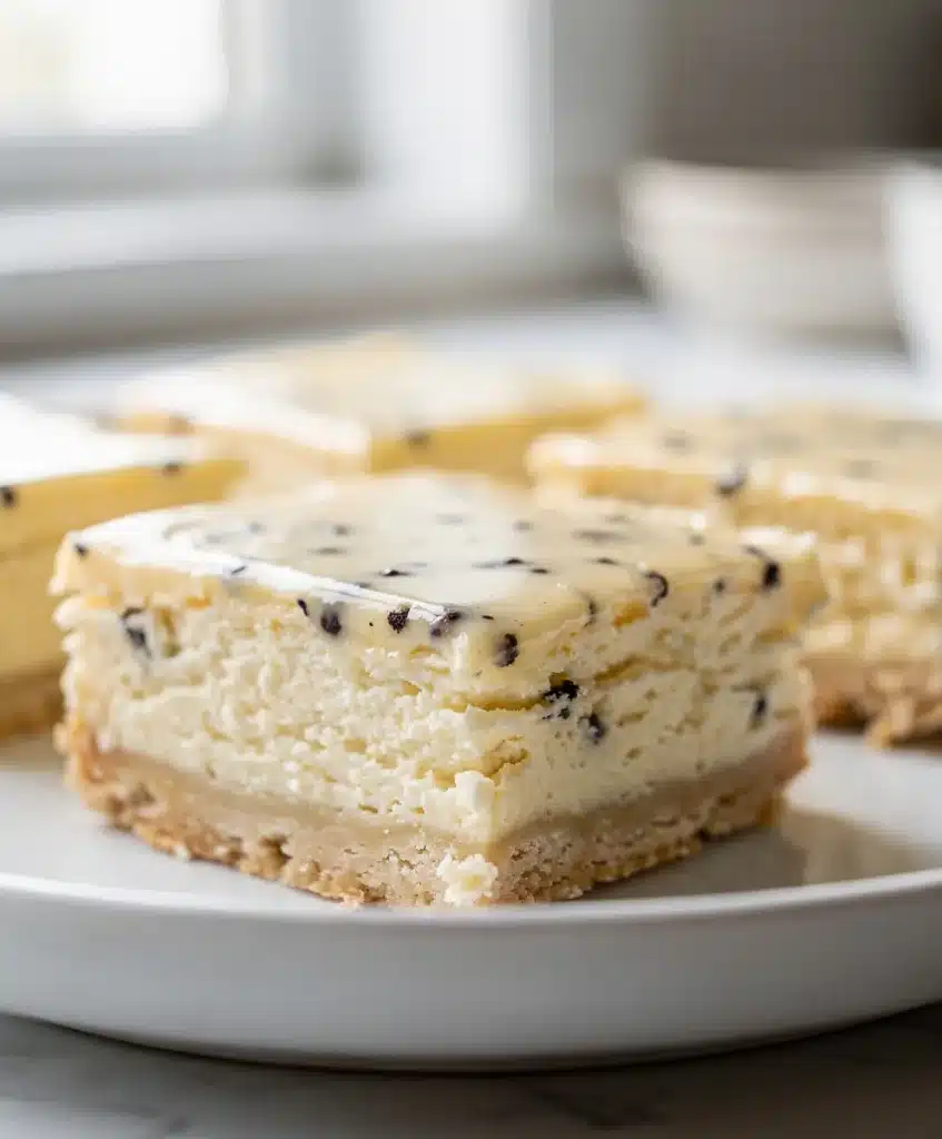 Creamy vanilla bean cheesecake bars with a golden graham cracker crust slice.