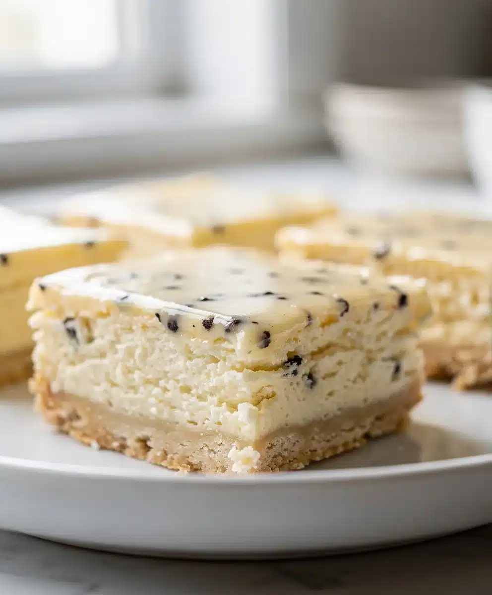 Creamy vanilla bean cheesecake bars with a golden graham cracker crust slice.