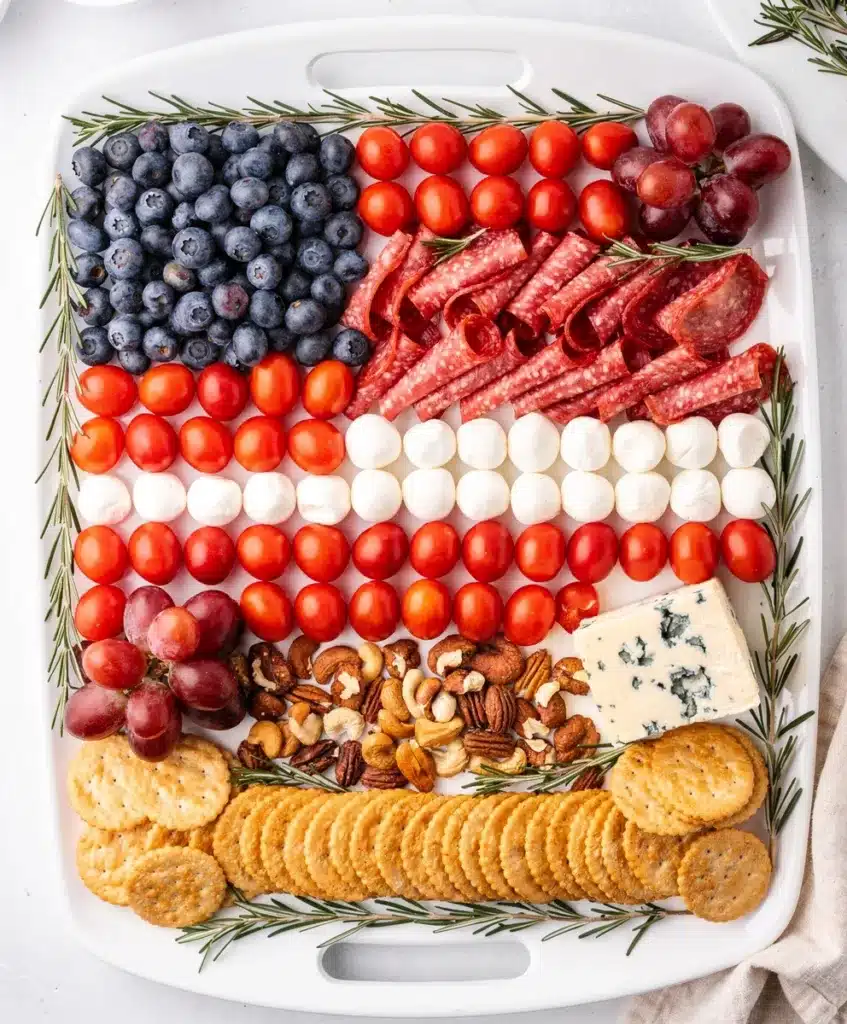 Patriotic charcuterie board with red white and blue ingredients for July Fourth.