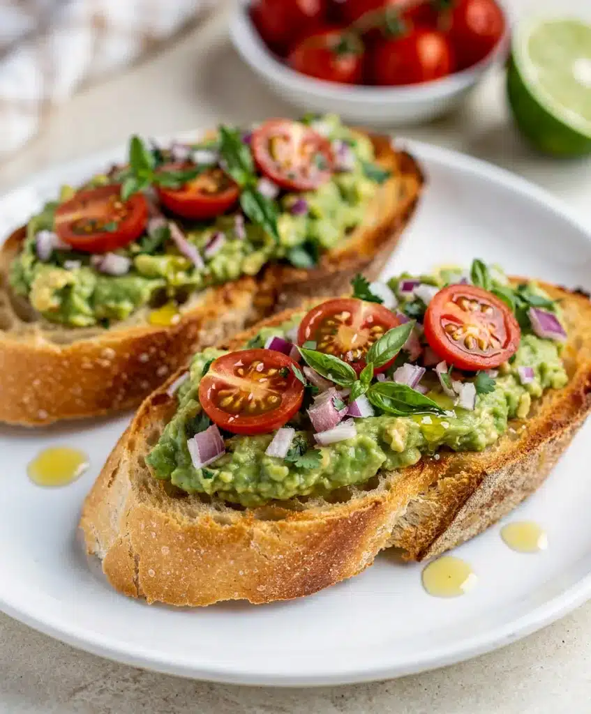 Avocado bruschetta recipe on toasted baguette with fresh tomato and herbs