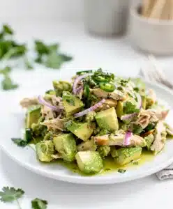 Creamy avocado chicken salad with cilantro and lime in a white bowl.