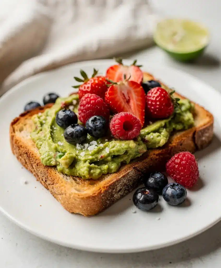 Avocado toast topped with fresh berries and seeds on rustic bread