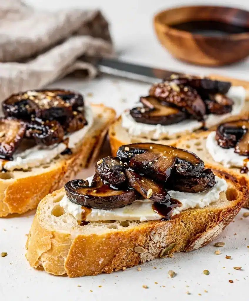 Balsamic mushroom crostini with goat cheese on toasted garlic baguette slices