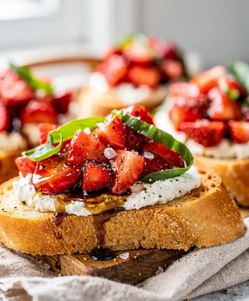 Creamy ricotta bruschetta topped with fresh strawberries and glossy balsamic syrup