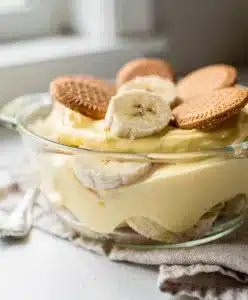 Layered banana pudding trifle in glass bowl with vanilla wafers and creamy custard.