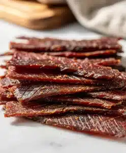 Top round beef slices marinated for perfect jerky texture