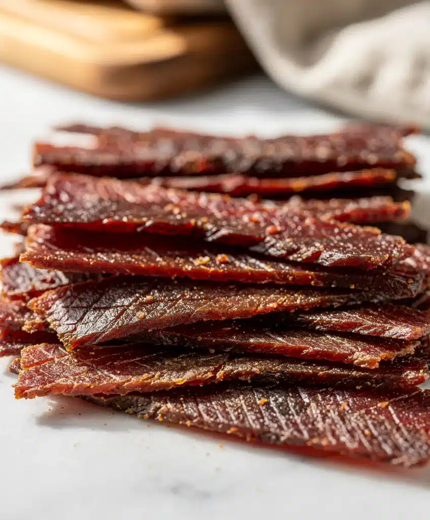 Top round beef slices marinated for perfect jerky texture