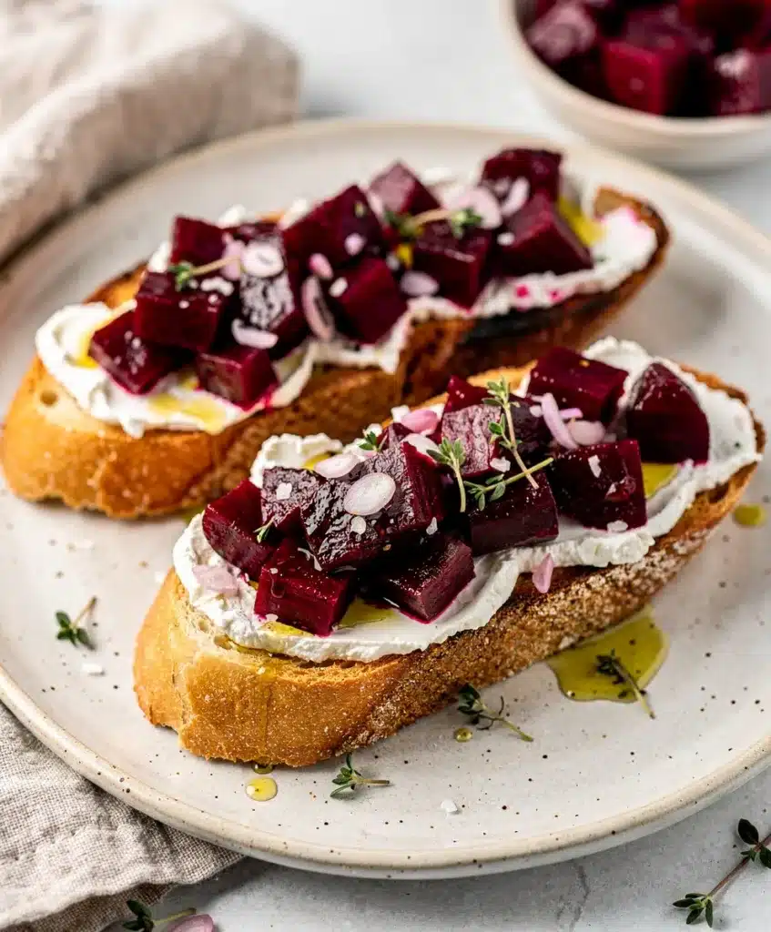 Vibrant beet goat cheese bruschetta appetizer with creamy cheese on toast