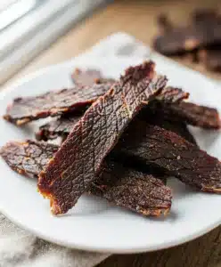 Beginner beef jerky recipe for homemade dark glossy marinated meat strips