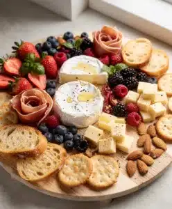Colorful berry summer charcuterie board with fresh fruit cheese and cured meats