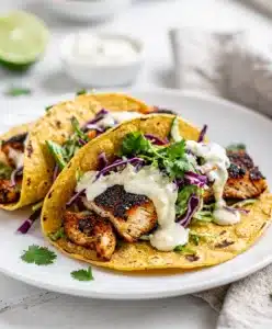 Blackened fish tacos with creamy lime slaw on wood.
